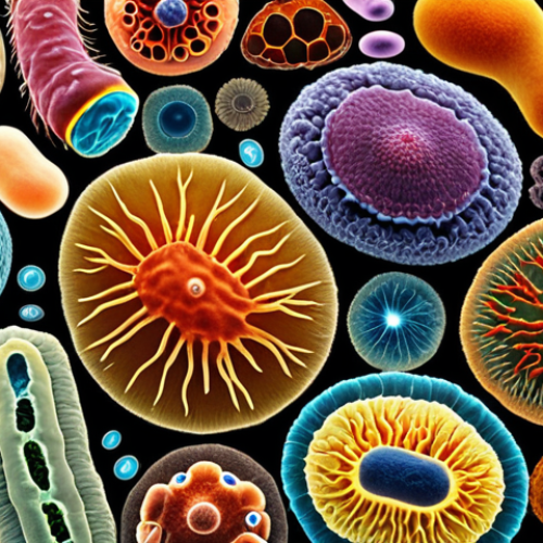 Home 4 **A microscopic view of diverse microbes:** Show a colorful and detailed scene with various types of microorganisms like bacteria, viruses, fungi, and algae. The image should emphasize their unique structures and characteristics, as seen under a microscope, highlighting the complexity and diversity of the microbial world.