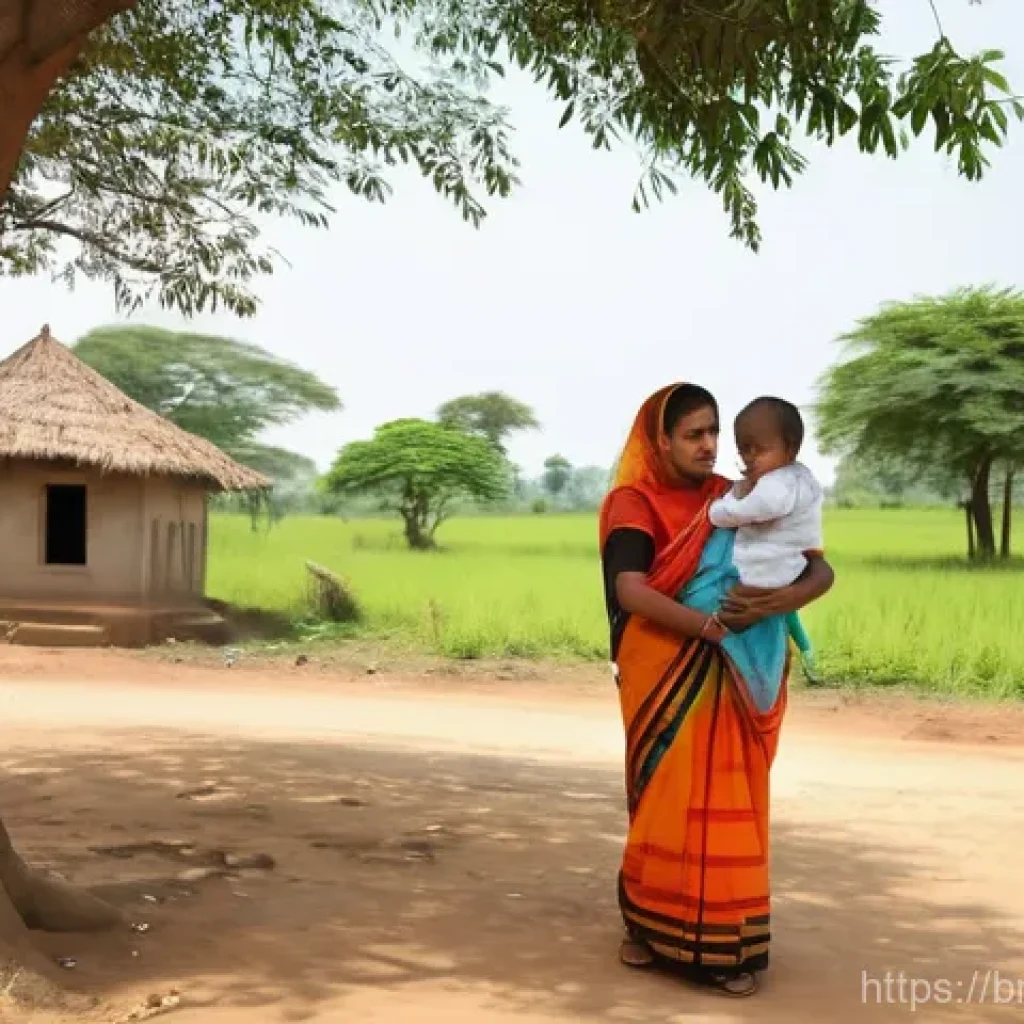 공공보건 정책 - **Prompt:** "A heartwarming scene in a vibrant, sunny rural village in Bengal. A compassionate femal...