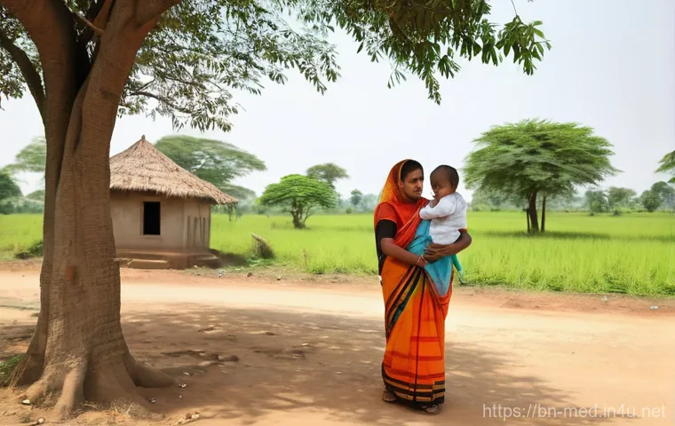 공공보건 정책 - **Prompt:** "A heartwarming scene in a vibrant, sunny rural village in Bengal. A compassionate femal...