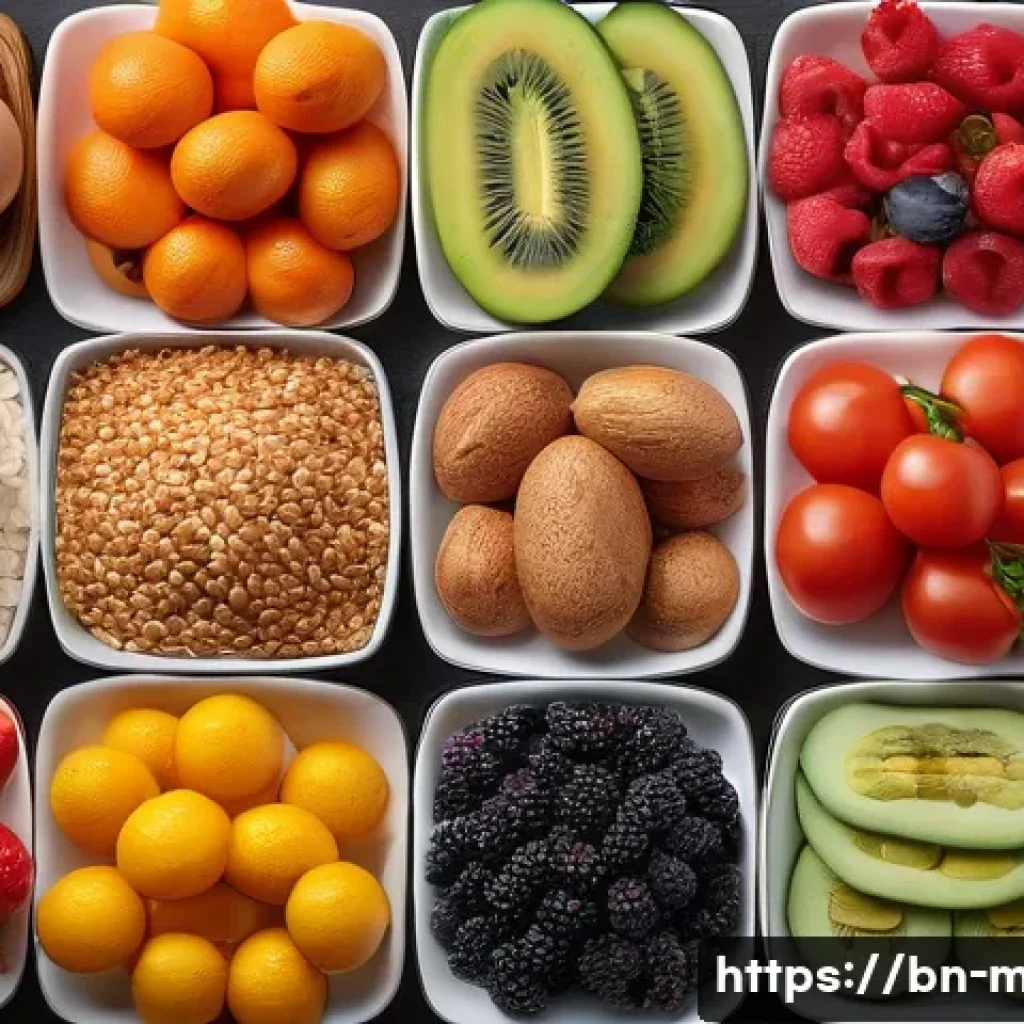 면역학 원리 - **Top Left:** A vibrant selection of healthy, colorful foods (fruits, vegetables, whole grains, lean...
