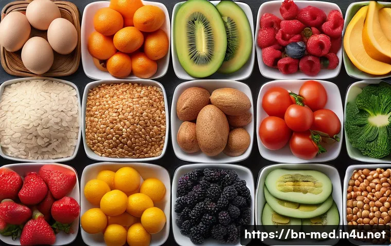 면역학 원리 - **Top Left:** A vibrant selection of healthy, colorful foods (fruits, vegetables, whole grains, lean...