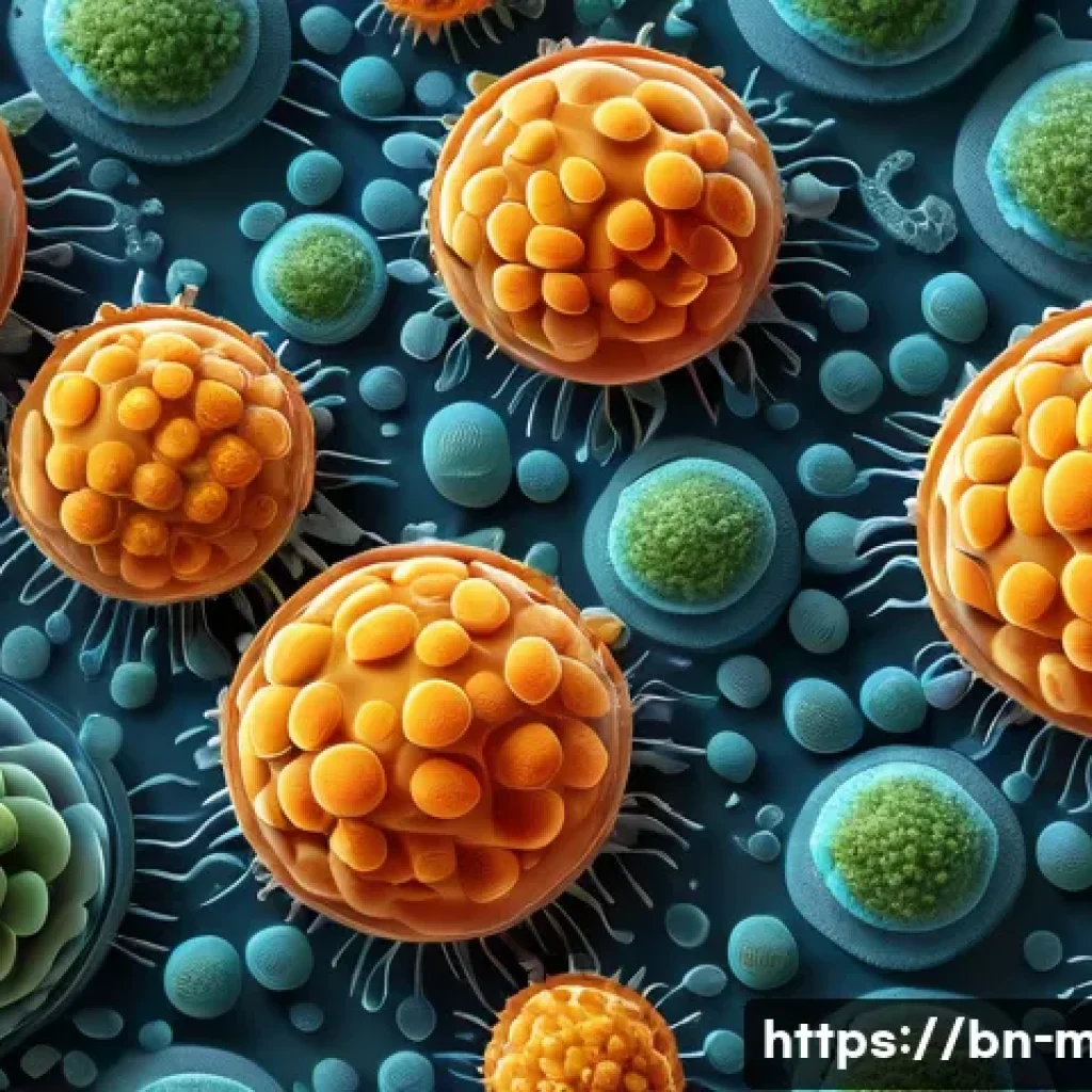 생화학 개론 - A detailed scientific illustration of a human cell interior showcasing thousands of simultaneous che...
