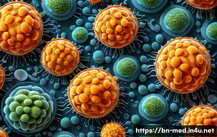 생화학 개론 - A detailed scientific illustration of a human cell interior showcasing thousands of simultaneous che...