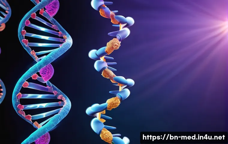 DNA 복구 기전 - A detailed scientific illustration of DNA damage types inside a human cell, showing ultraviolet rays...