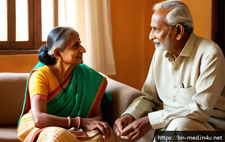 신경퇴행성 질환 - A serene Bengali family scene set in a cozy, sunlit living room, featuring an elderly Bengali man an...