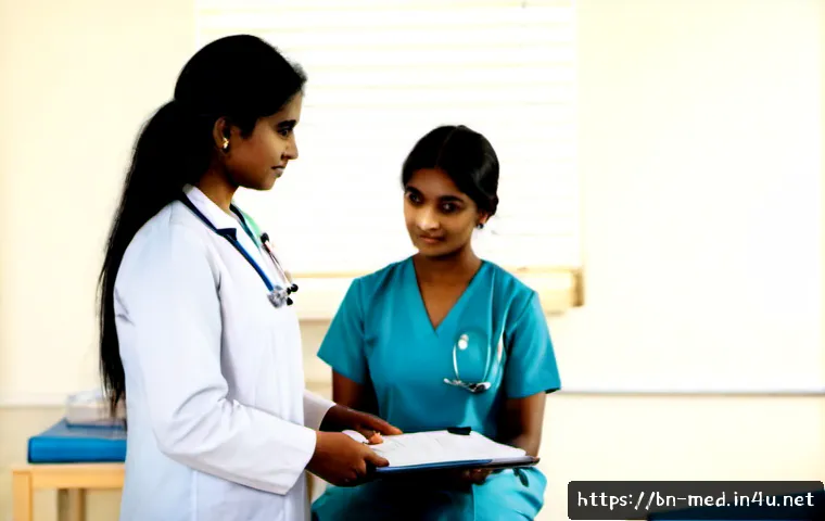 Home 17 의료 윤리 개론 - Photorealistic medical ethics consultation in a modern Bangladeshi hospital, compassionate female do...