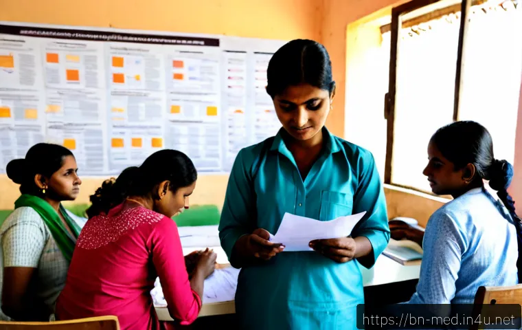 역학 연구 방법 - Photorealistic public health researcher in a modern Bangladesh community clinic, reviewing anonymous...