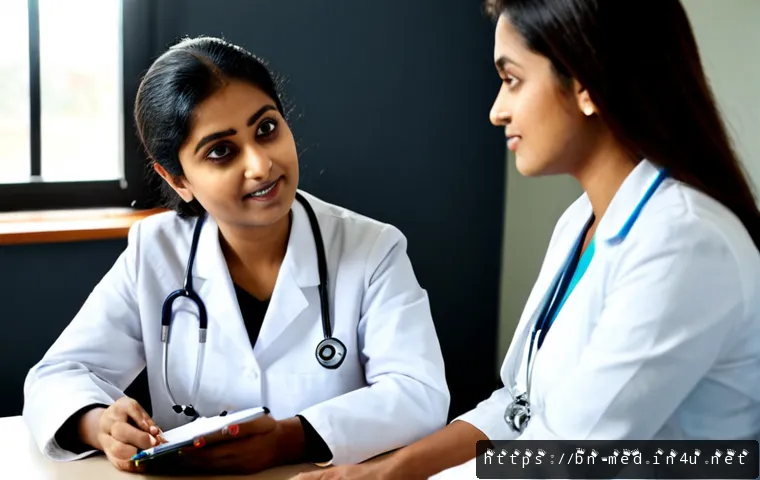 의사 환자 관계 - Photorealistic consultation scene in a welcoming modern clinic, a compassionate South Asian female d...